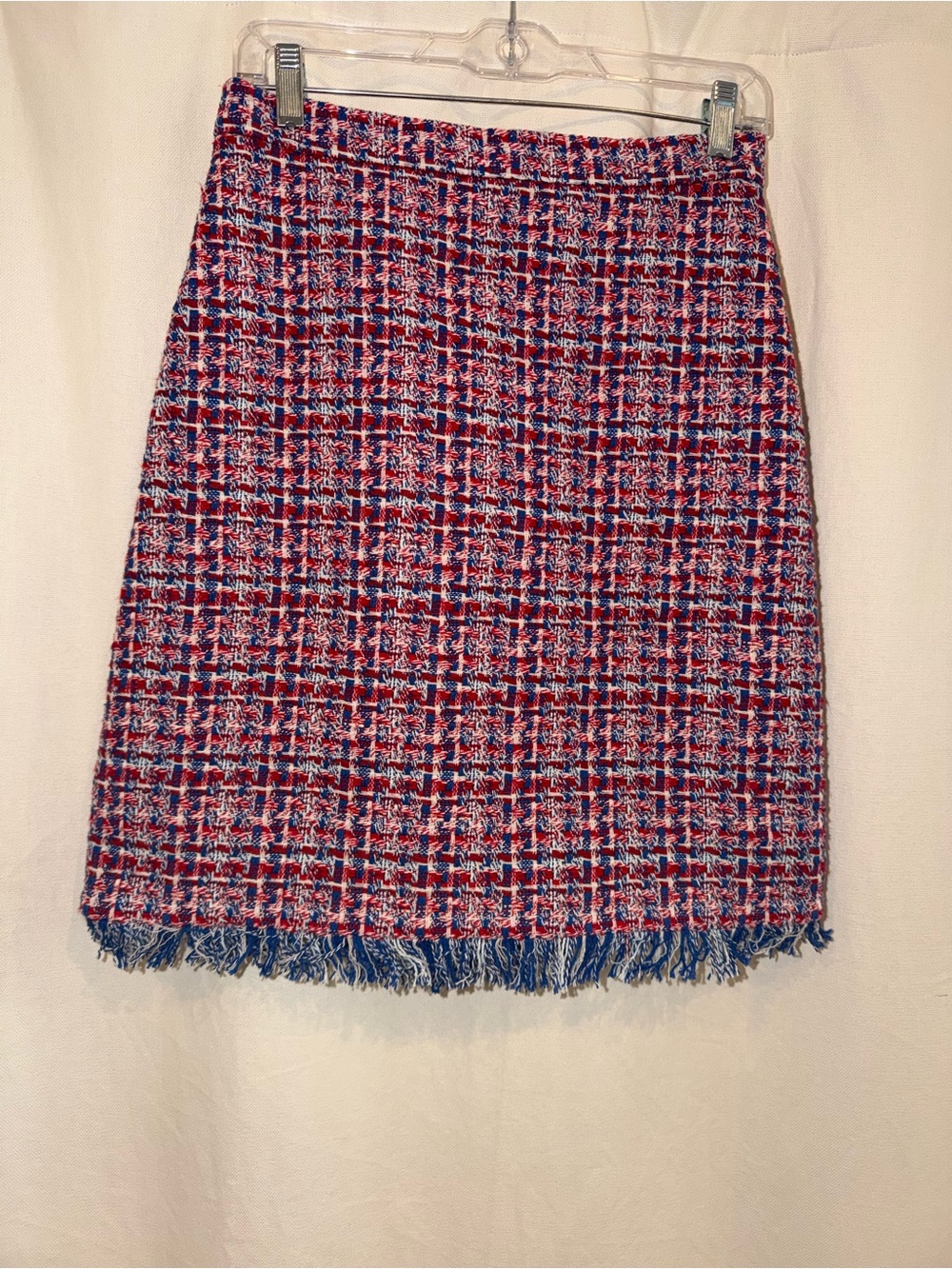 LK Bennett Red, Blue & White Tweed Pencil Skirt with Frayed Hem